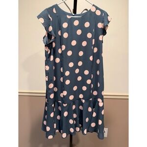 LOFT Petite Navy Pink Polka Dot Ruffle Hem‎ Dress Size 10